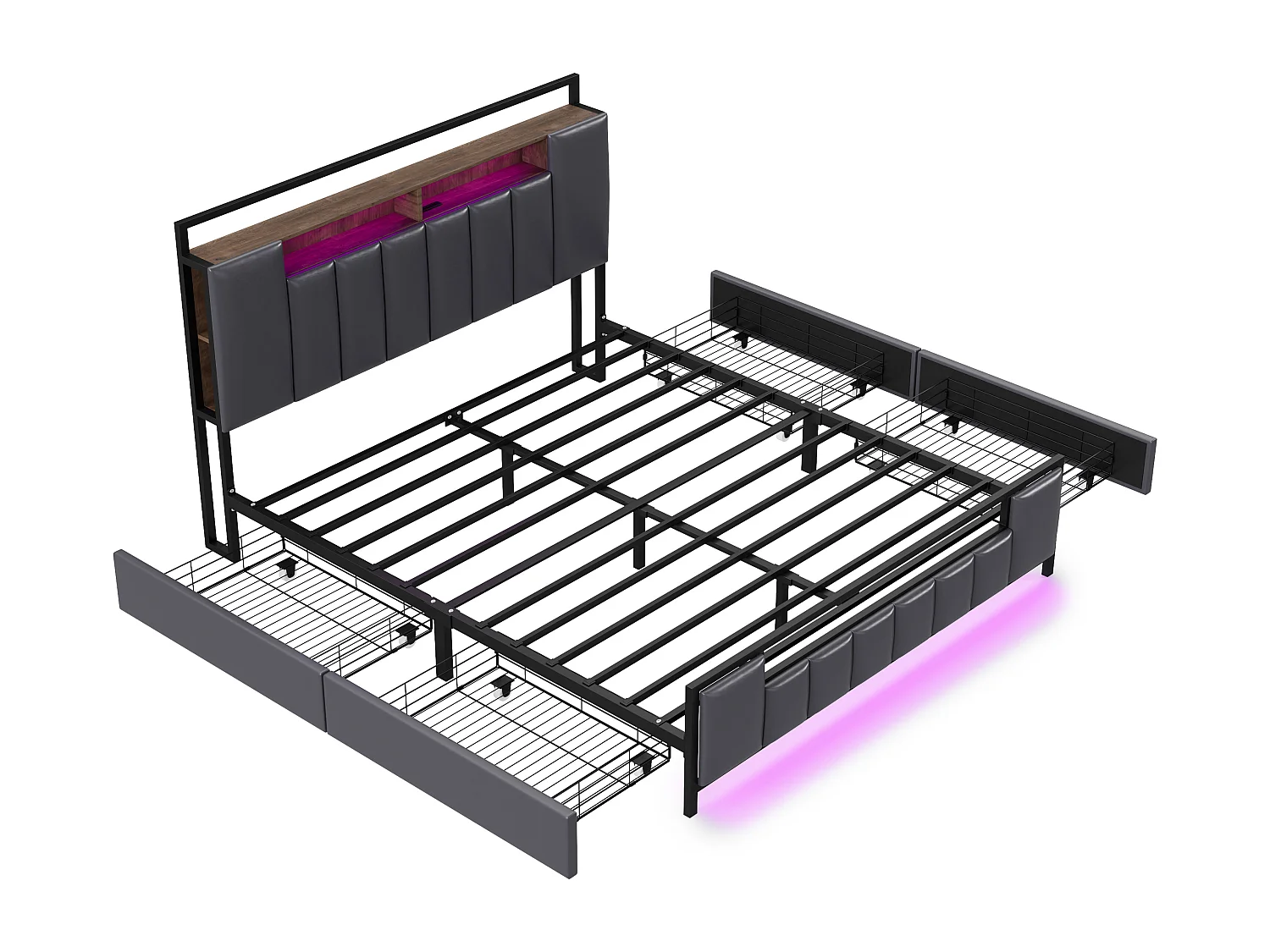 Cama de adulto 160x200 cm em imitação de pele - com LED e tomada USB - 4 gavetas - estrutura em ferro - Cinza