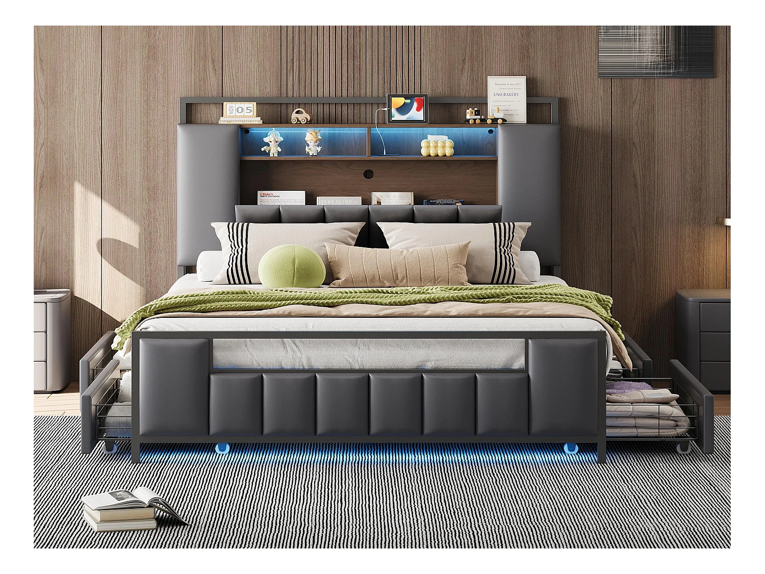 Lit adulte 160x200 cm en similicuir - avec LED et prise USB - 4 tiroirs - cadre en fer - Gris