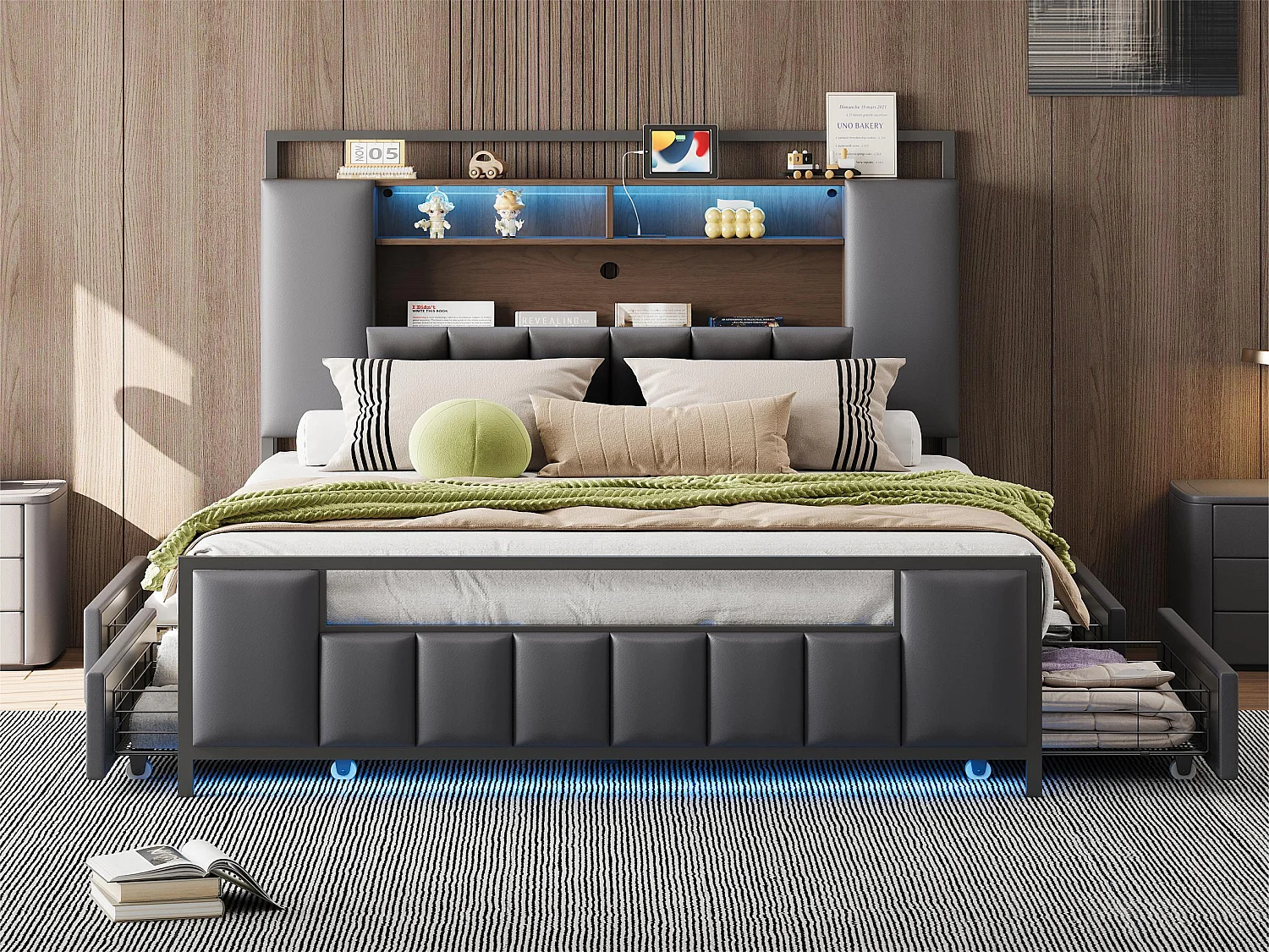 Volwassenenbed 160x200 cm in kunstleer - met LED en USB-aansluiting - 4 laden - ijzeren frame - Grijs