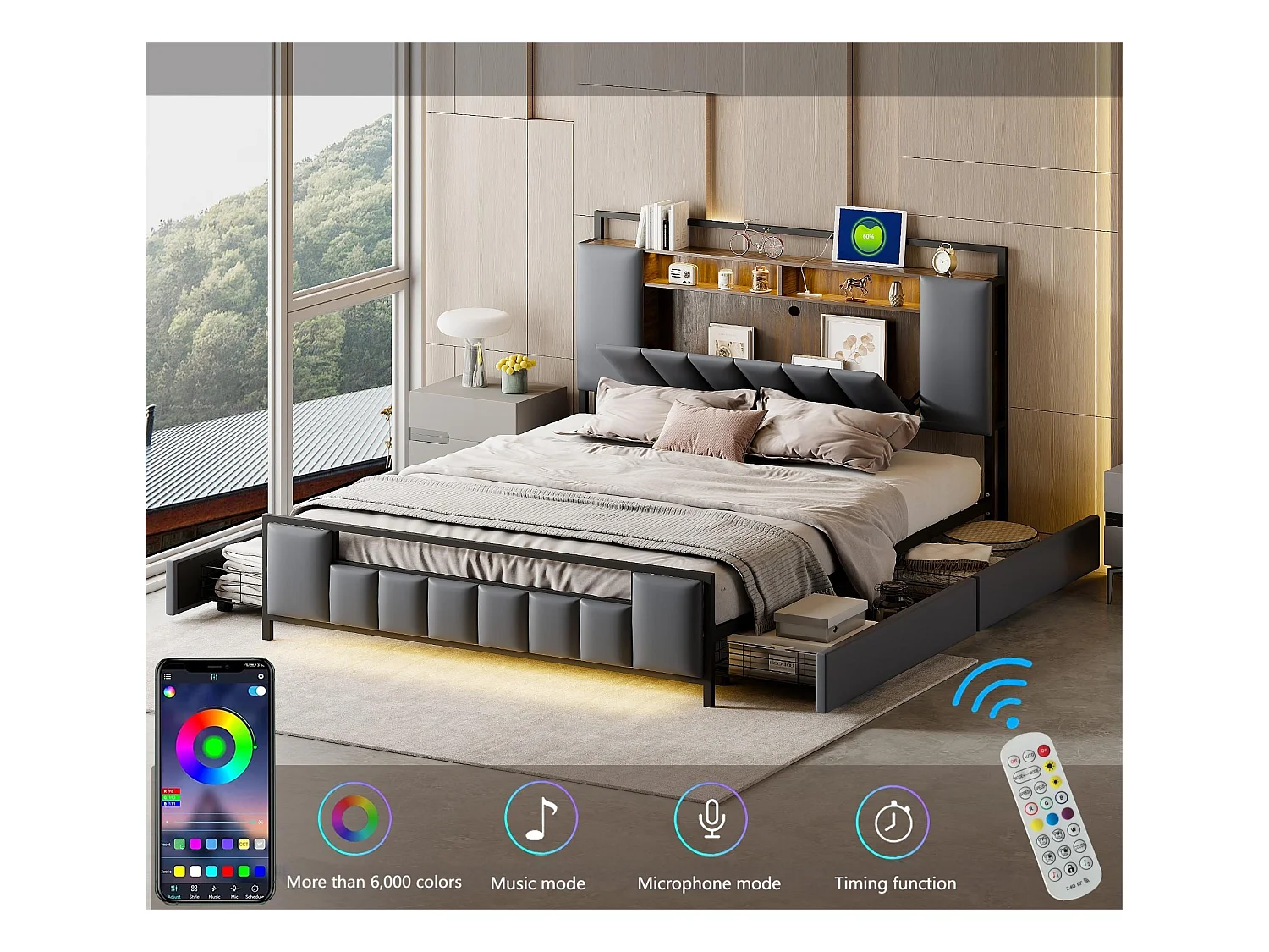 Volwassenenbed 160x200 cm in kunstleer - met LED en USB-aansluiting - 4 laden - ijzeren frame - Grijs