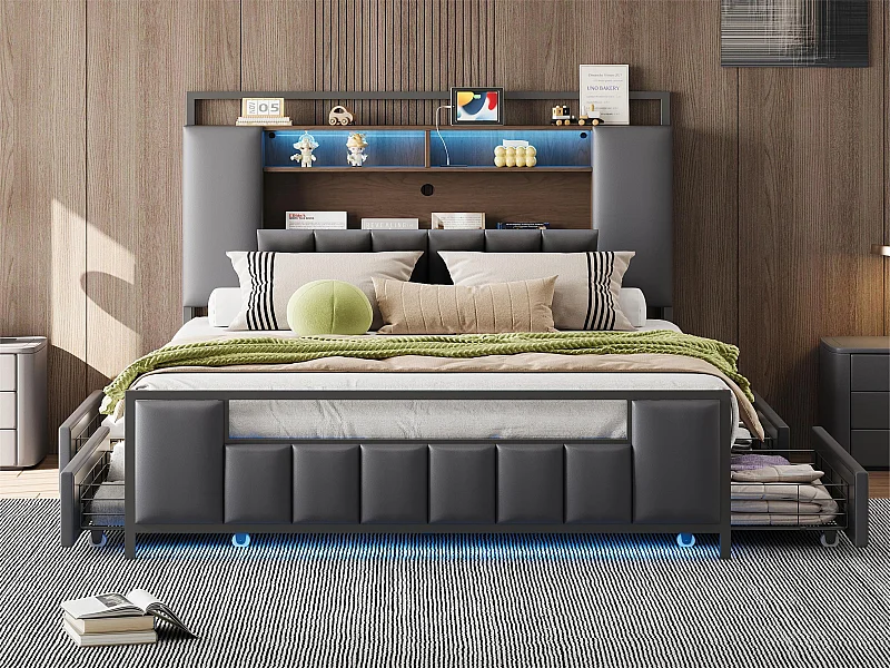 Volwassenenbed 160x200 cm in kunstleer - met LED en USB-aansluiting - 4 laden - ijzeren frame - Grijs