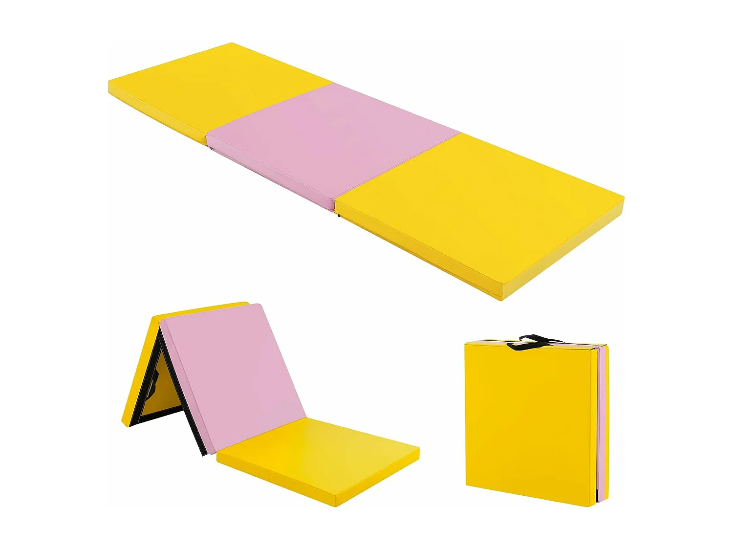 Tapis de Gymnastique Pliable Epais, Matelas d'Entrainement en Mousse et PU avec Poignées, pour Gymnastes Entraînements Sportifs Yoga, 180x60x5CM (Rose et Jaune)