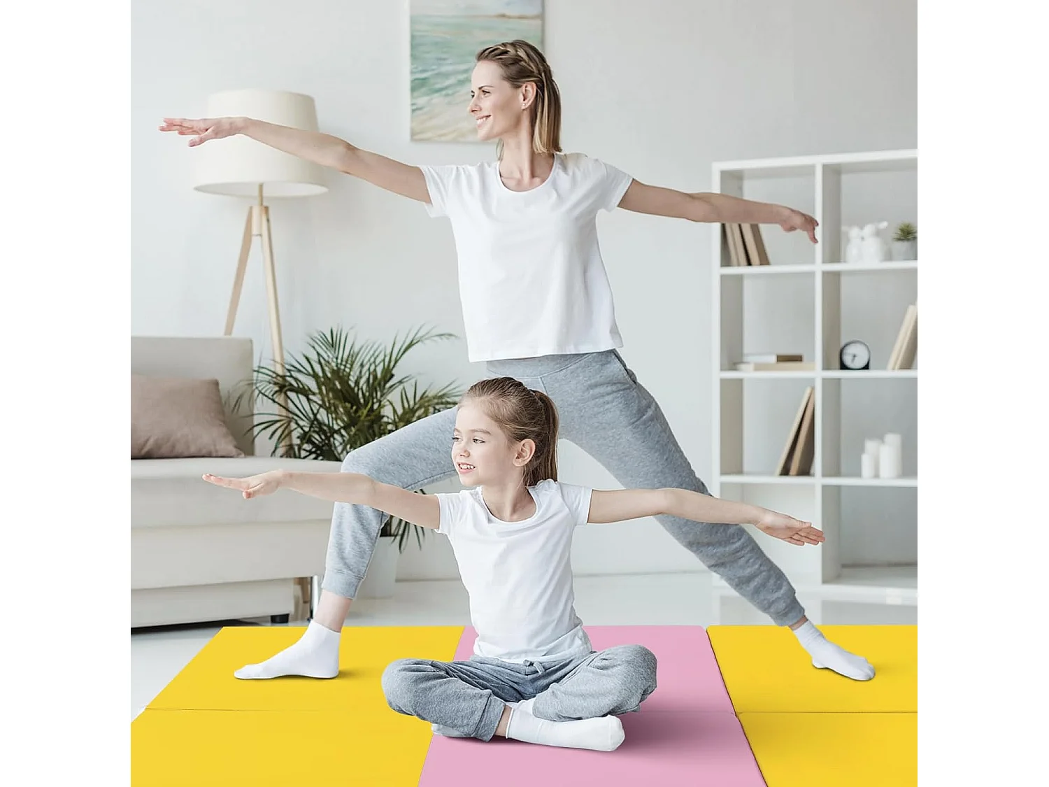 Tapis de Gymnastique Pliable Epais, Matelas d'Entrainement en Mousse et PU avec Poignées, pour Gymnastes Entraînements Sportifs Yoga, 180x60x5CM (Rose et Jaune)