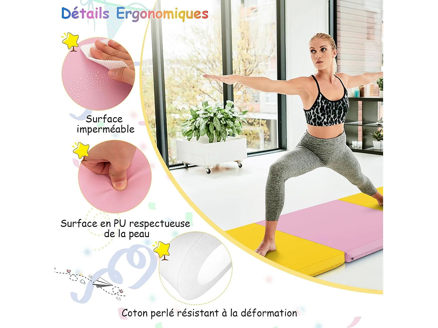 Tapis de Gymnastique Pliable Epais, Matelas d'Entrainement en Mousse et PU avec Poignées, pour Gymnastes Entraînements Sportifs Yoga, 180x60x5CM (Rose et Jaune)