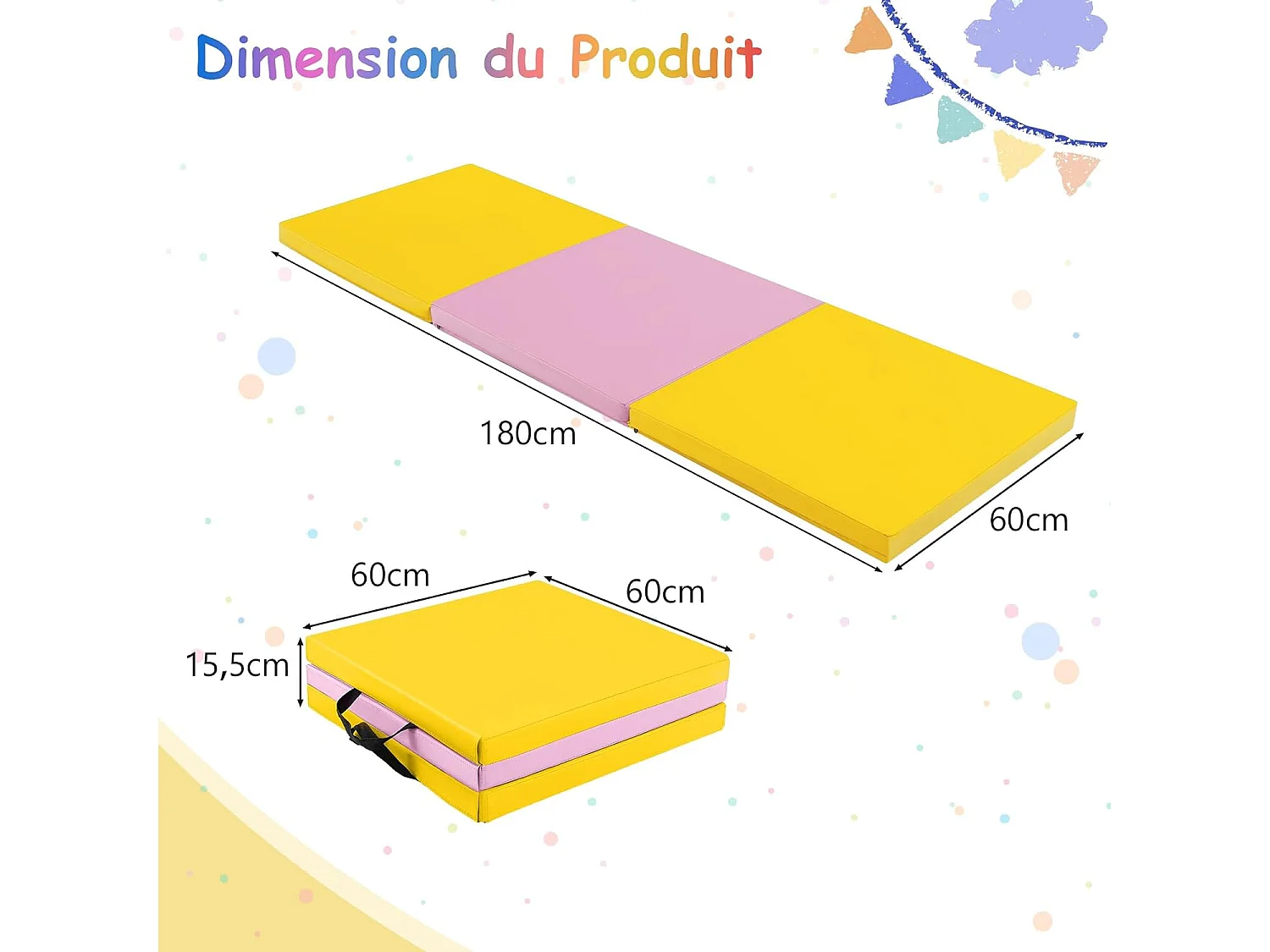 Tapis de Gymnastique Pliable Epais, Matelas d'Entrainement en Mousse et PU avec Poignées, pour Gymnastes Entraînements Sportifs Yoga, 180x60x5CM (Rose et Jaune)
