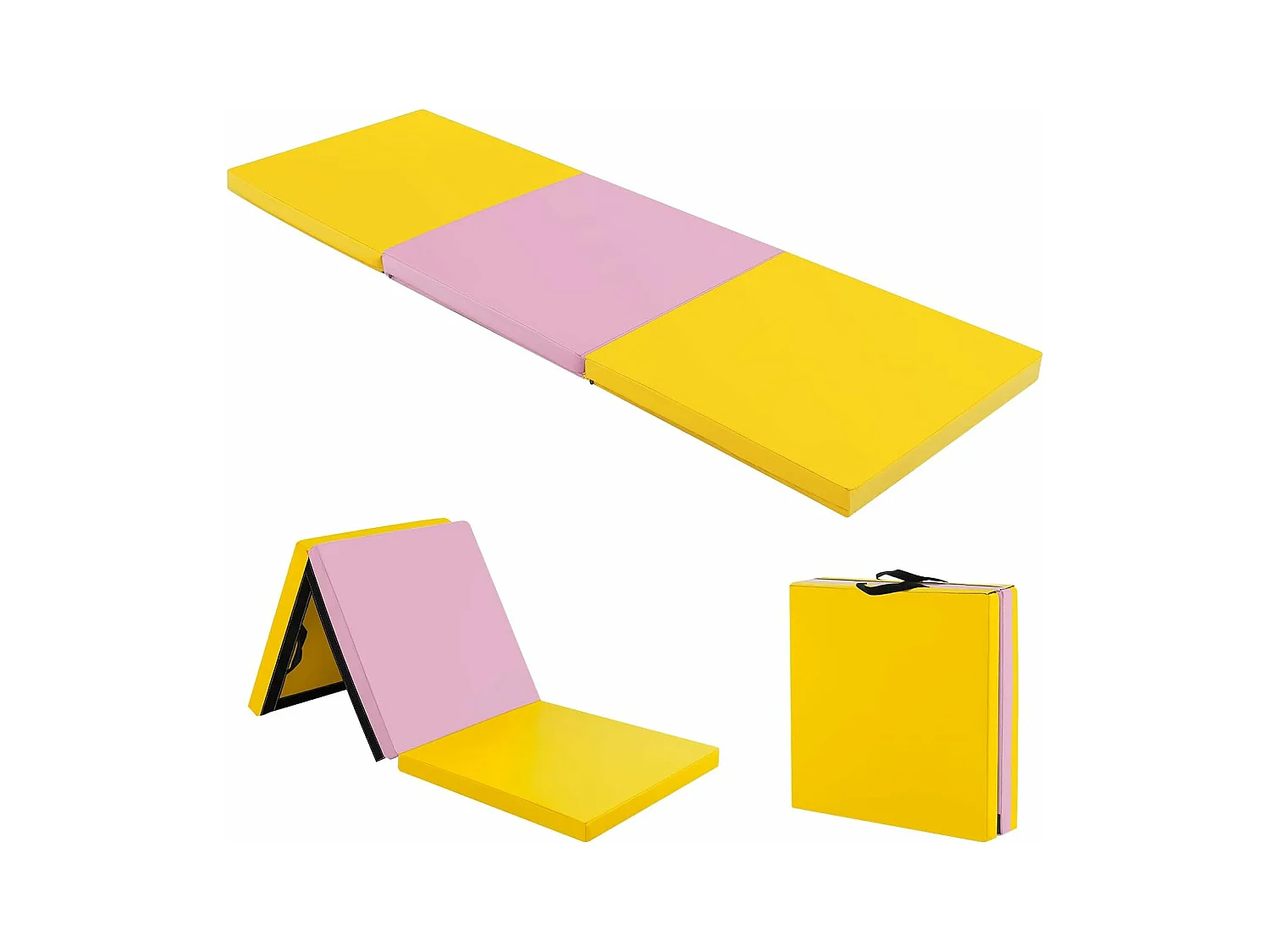 Tapis de Gymnastique Pliable Epais, Matelas d'Entrainement en Mousse et PU avec Poignées, pour Gymnastes Entraînements Sportifs Yoga, 180x60x5CM (Rose et Jaune)