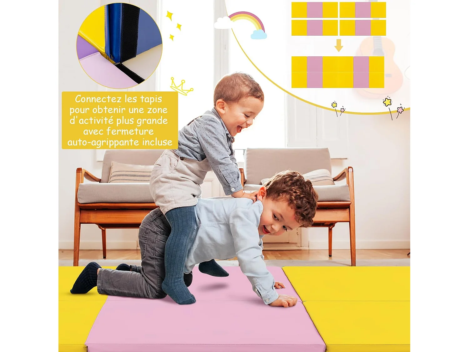 Tapis de Gymnastique Pliable Epais, Matelas d'Entrainement en Mousse et PU avec Poignées, pour Gymnastes Entraînements Sportifs Yoga, 180x60x5CM (Rose et Jaune)