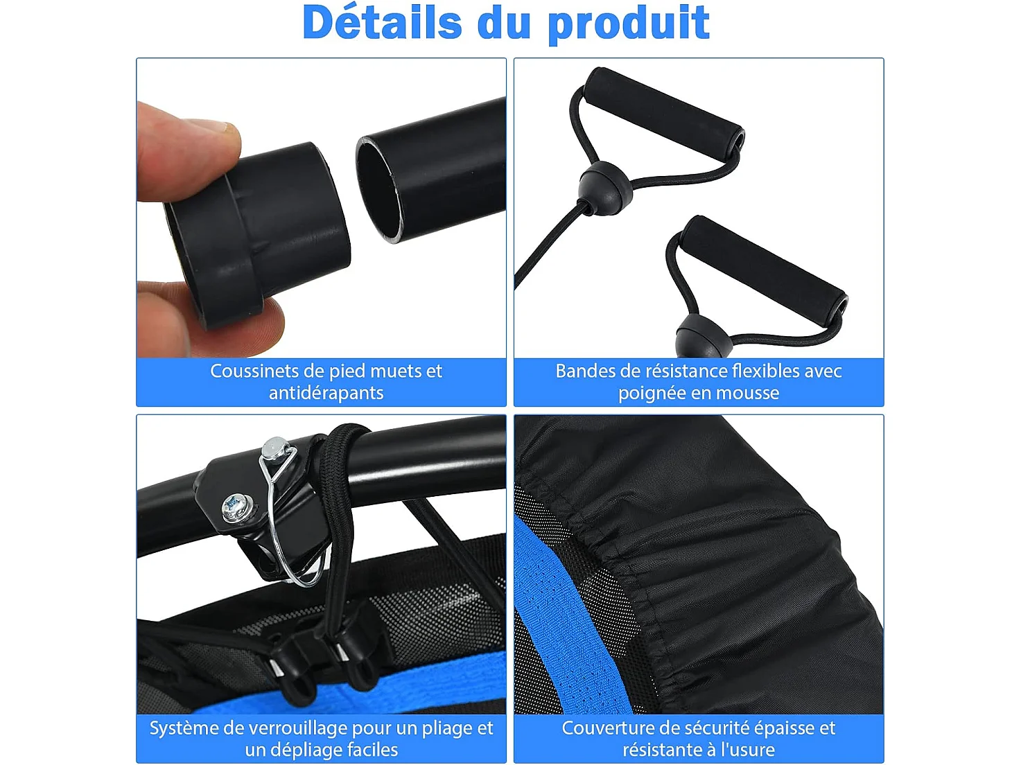 Trampoline de Fitness Pliable 101cm avec 2 Bandes de Résistance Main Courante Hauteur Réglable Charge 150 kg pour Enfants