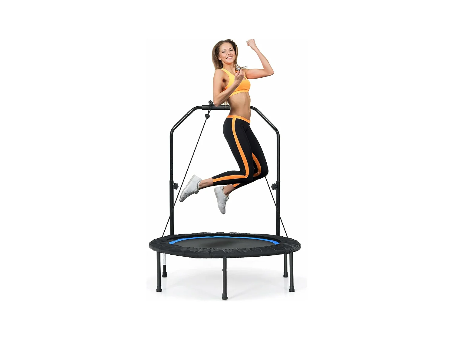 Trampoline de Fitness Pliable 101cm avec 2 Bandes de Résistance Main Courante Hauteur Réglable Charge 150 kg pour Enfants