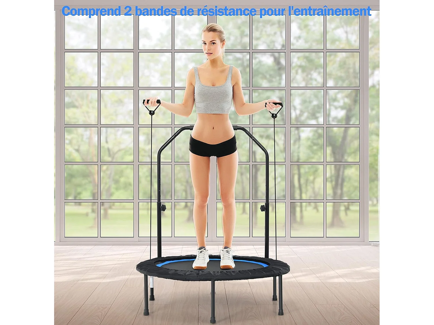 Trampoline de Fitness Pliable 101cm avec 2 Bandes de Résistance Main Courante Hauteur Réglable Charge 150 kg pour Enfants