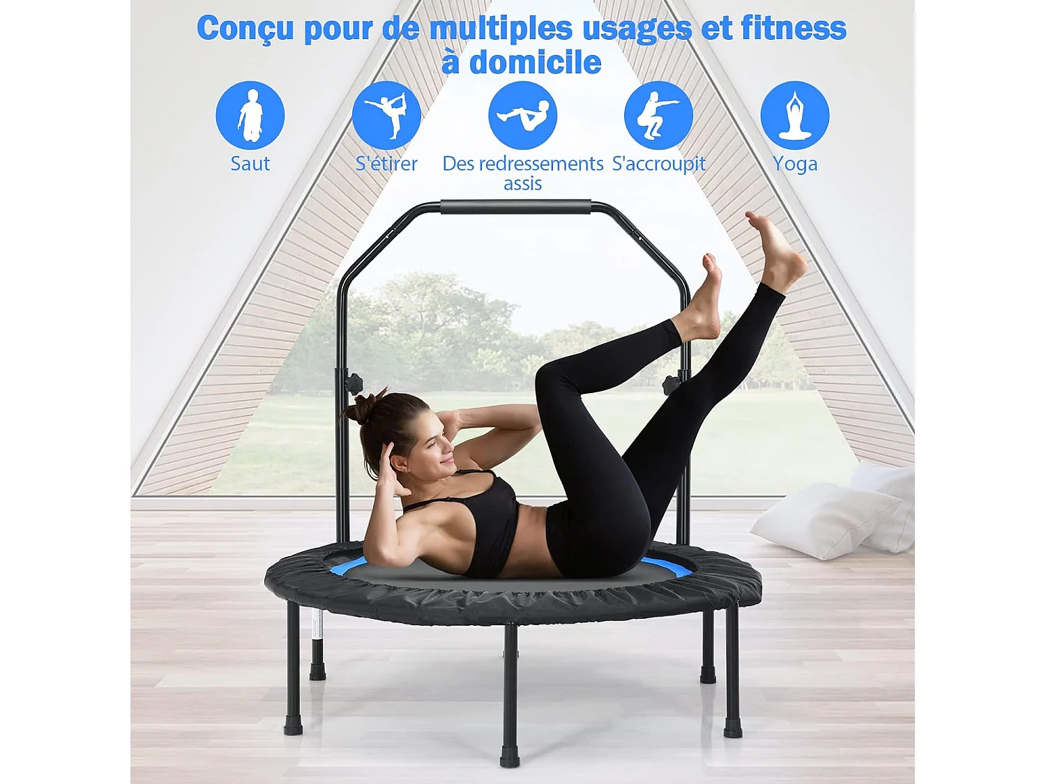 Trampoline de Fitness Pliable 101cm avec 2 Bandes de Résistance Main Courante Hauteur Réglable Charge 150 kg pour Enfants