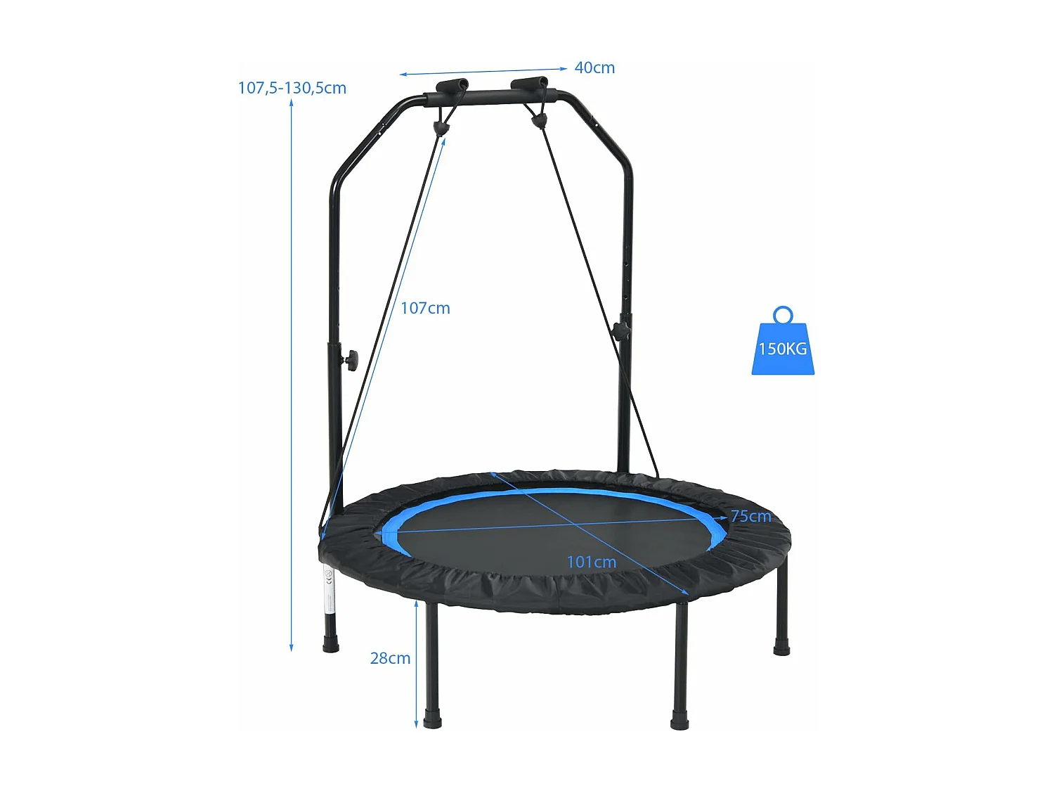 Trampoline de Fitness Pliable 101cm avec 2 Bandes de Résistance Main Courante Hauteur Réglable Charge 150 kg pour Enfants