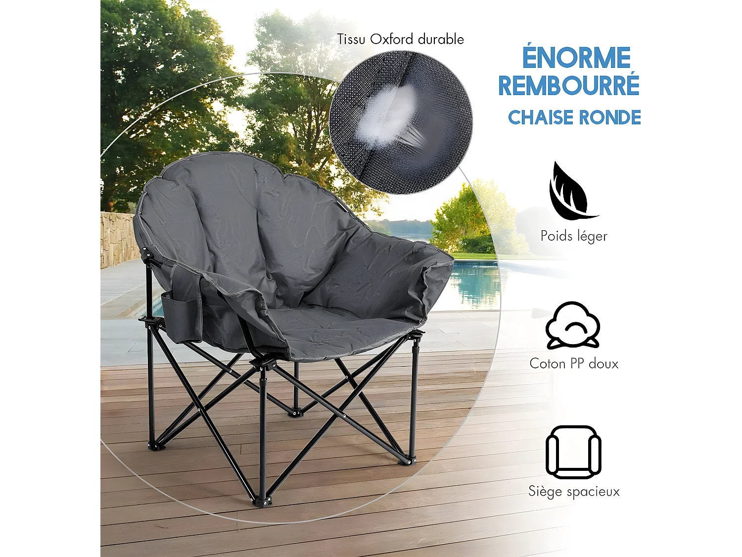 Chaise de camping Pliante Surdimensionnée avec Coussin Rembourré,Porte-gobelet,Sac de Transport