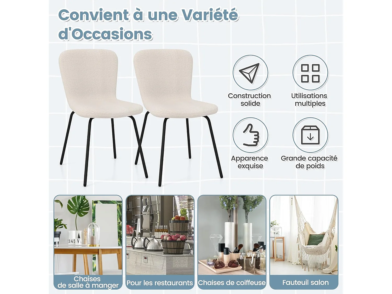 Chaises de Salle à Manger Lot de 4, Chaise Velour avec Dossier Haut, Pieds en Métal, Chaise Salon Rembourrée pour Cuisine, Chambre, Beige