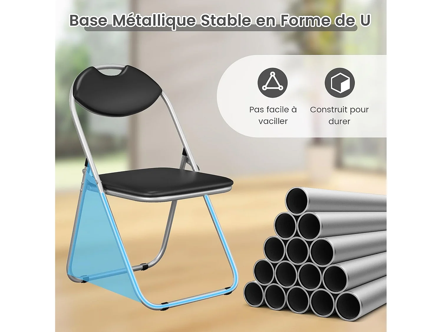 Lot de 6 Chaise Pliante en Métal, Chaise Visiteur Pliable Rembourré avec Poignée, Charge 115 kg, sans Assemblage, Noir