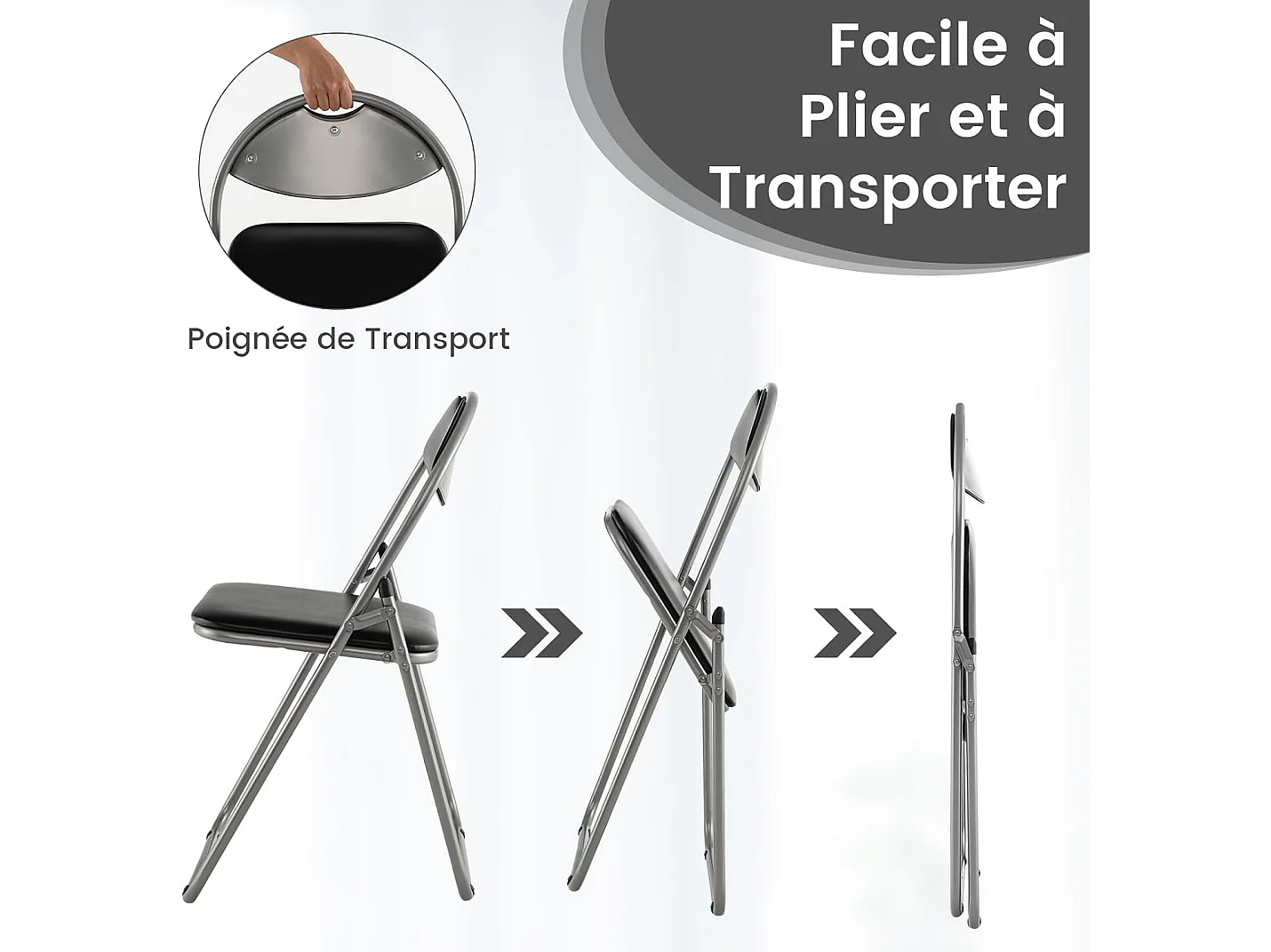 Lot de 6 Chaise Pliante en Métal, Chaise Visiteur Pliable Rembourré avec Poignée, Charge 115 kg, sans Assemblage, Noir