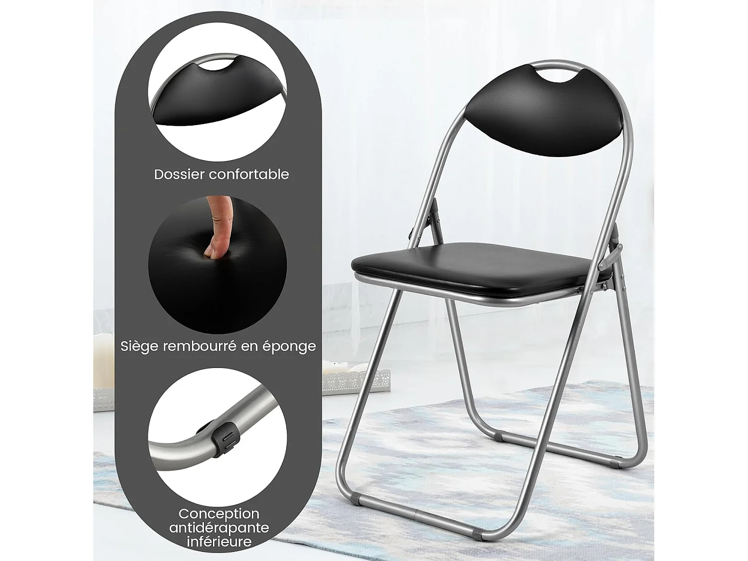 Lot de 6 Chaise Pliante en Métal, Chaise Visiteur Pliable Rembourré avec Poignée, Charge 115 kg, sans Assemblage, Noir