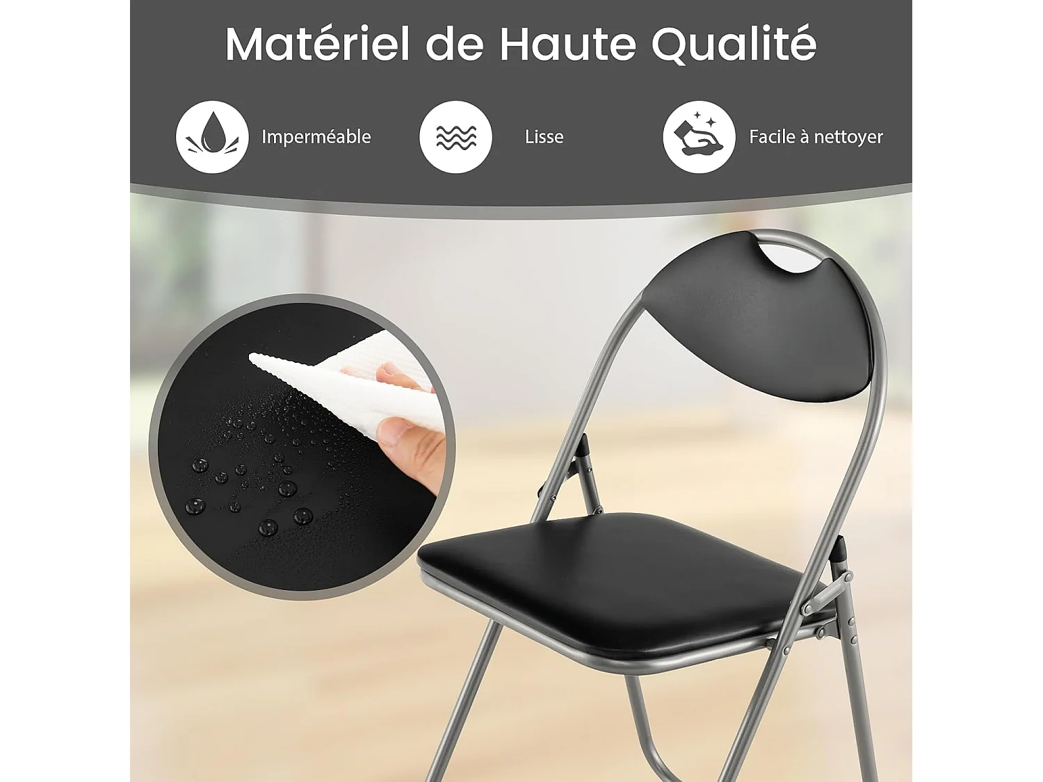 Lot de 6 Chaise Pliante en Métal, Chaise Visiteur Pliable Rembourré avec Poignée, Charge 115 kg, sans Assemblage, Noir