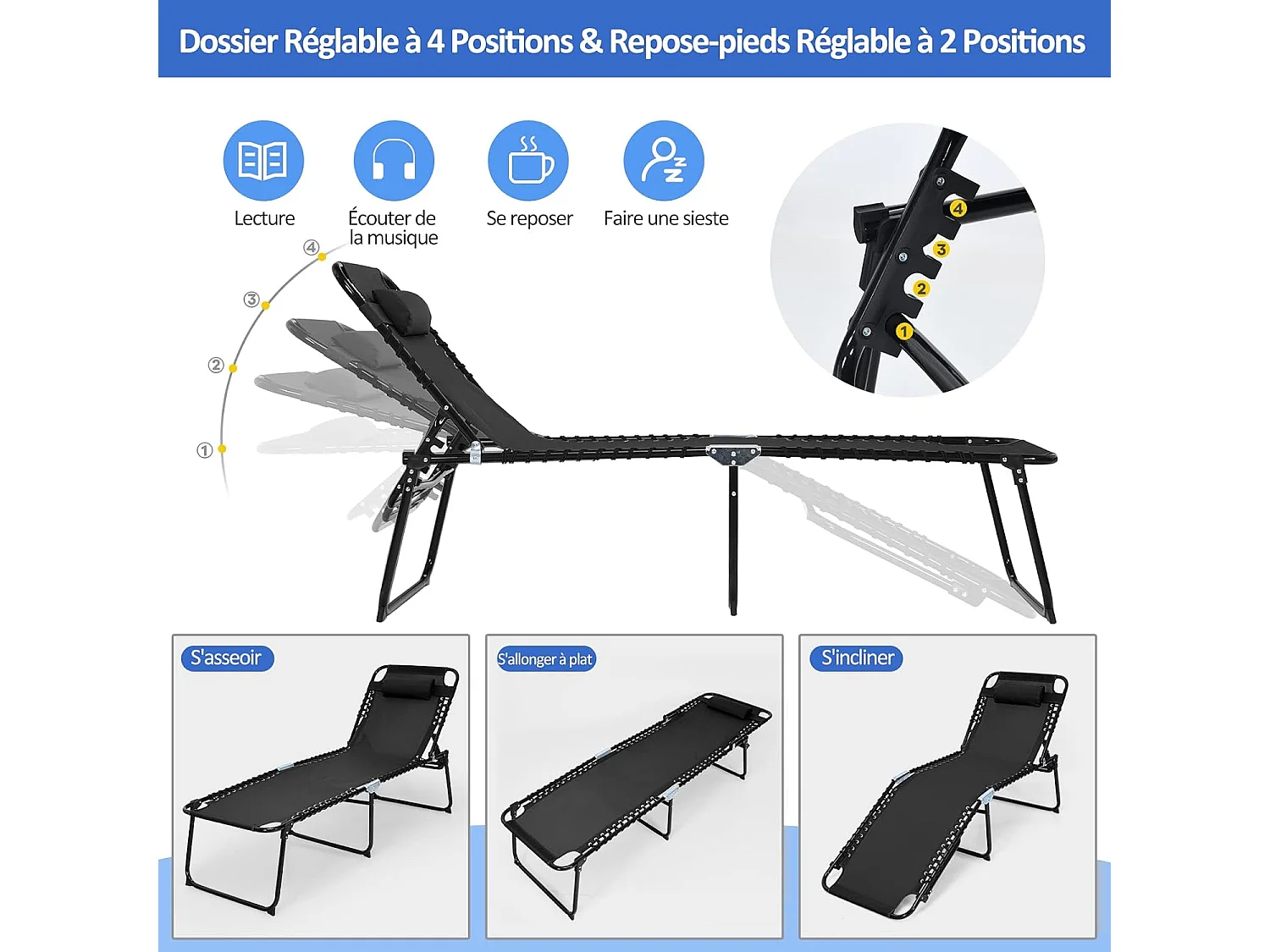 Chaise Longue Pliante avec Appuie-tête Amovible Dossier Réglable à 4 Positions Acier Antirouille pour Camping Terrasse Outdoor