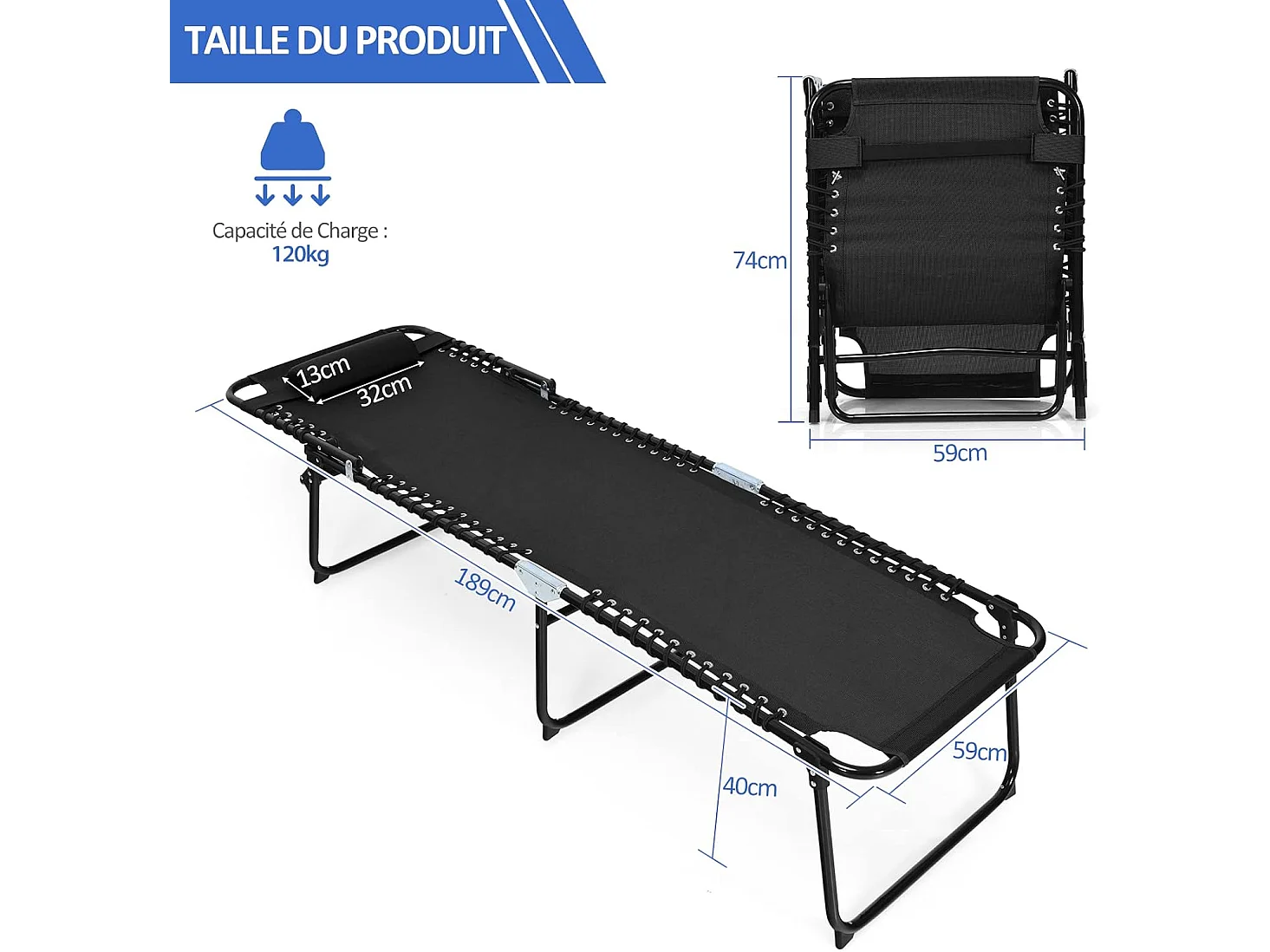 Chaise Longue Pliante avec Appuie-tête Amovible Dossier Réglable à 4 Positions Acier Antirouille pour Camping Terrasse Outdoor