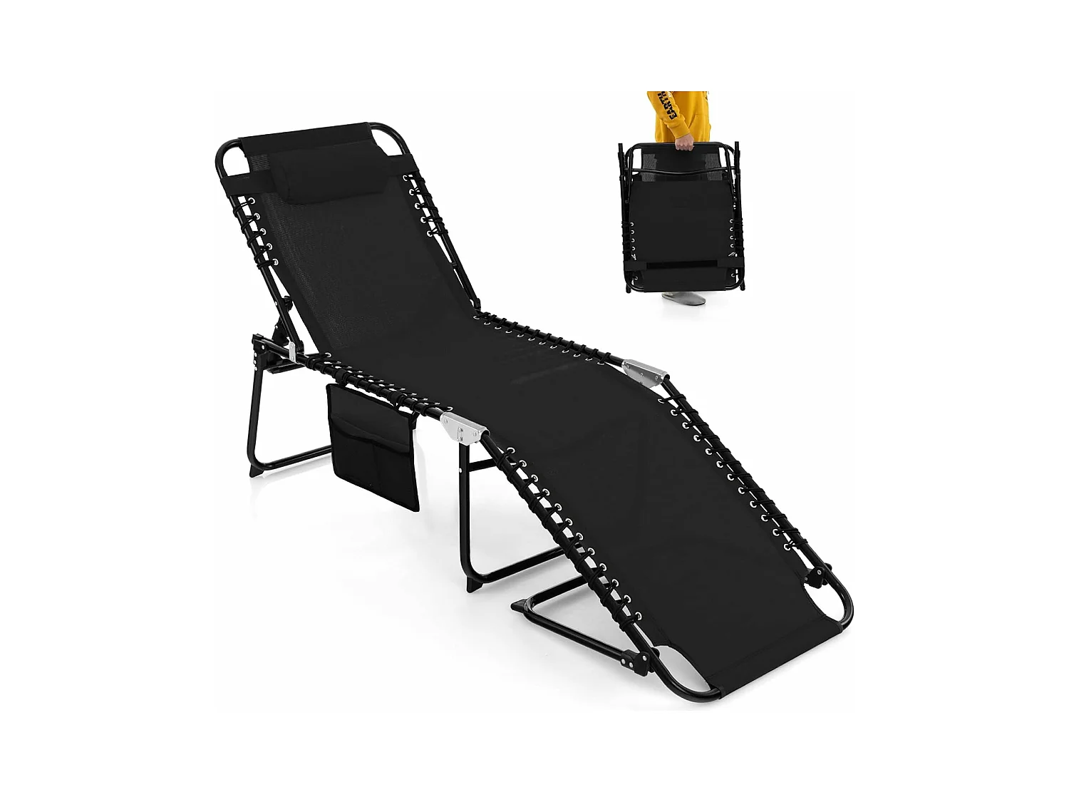 Chaise Longue Pliante avec Appuie-tête Amovible Dossier Réglable à 4 Positions Acier Antirouille pour Camping Terrasse Outdoor