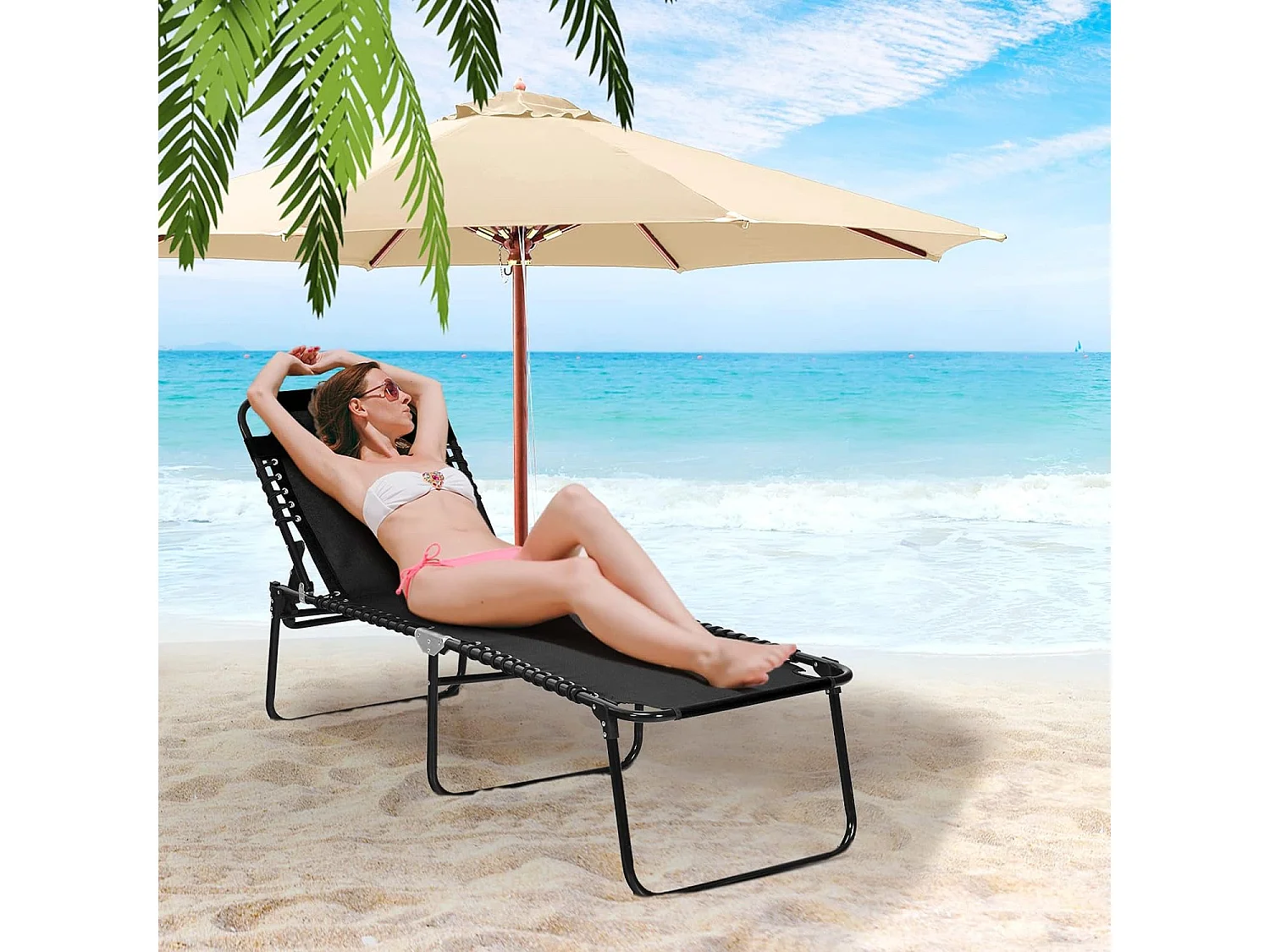 Chaise Longue Pliante avec Appuie-tête Amovible Dossier Réglable à 4 Positions Acier Antirouille pour Camping Terrasse Outdoor
