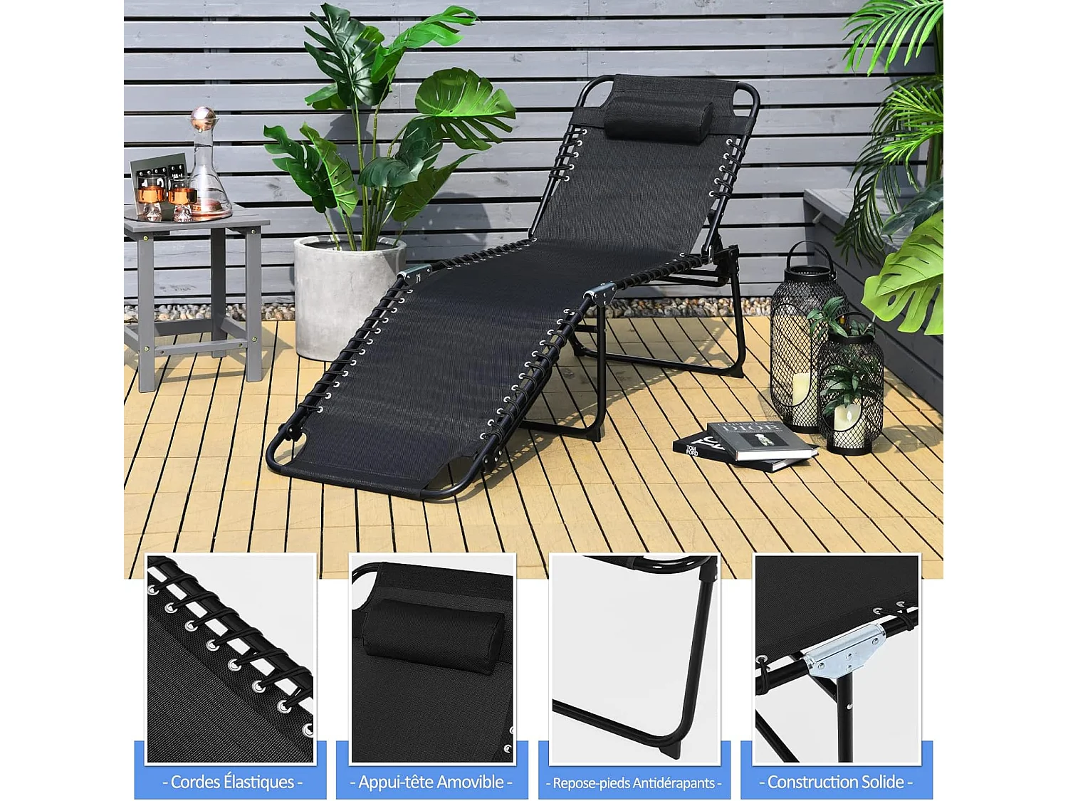 Chaise Longue Pliante avec Appuie-tête Amovible Dossier Réglable à 4 Positions Acier Antirouille pour Camping Terrasse Outdoor