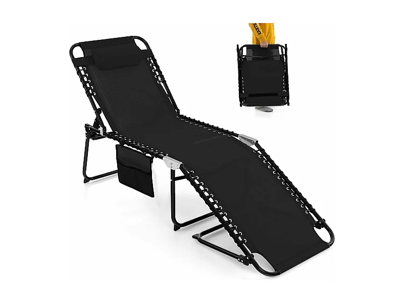 Chaise Longue Pliante avec Appuie-tête Amovible Dossier Réglable à 4 Positions Acier Antirouille pour Camping Terrasse Outdoor