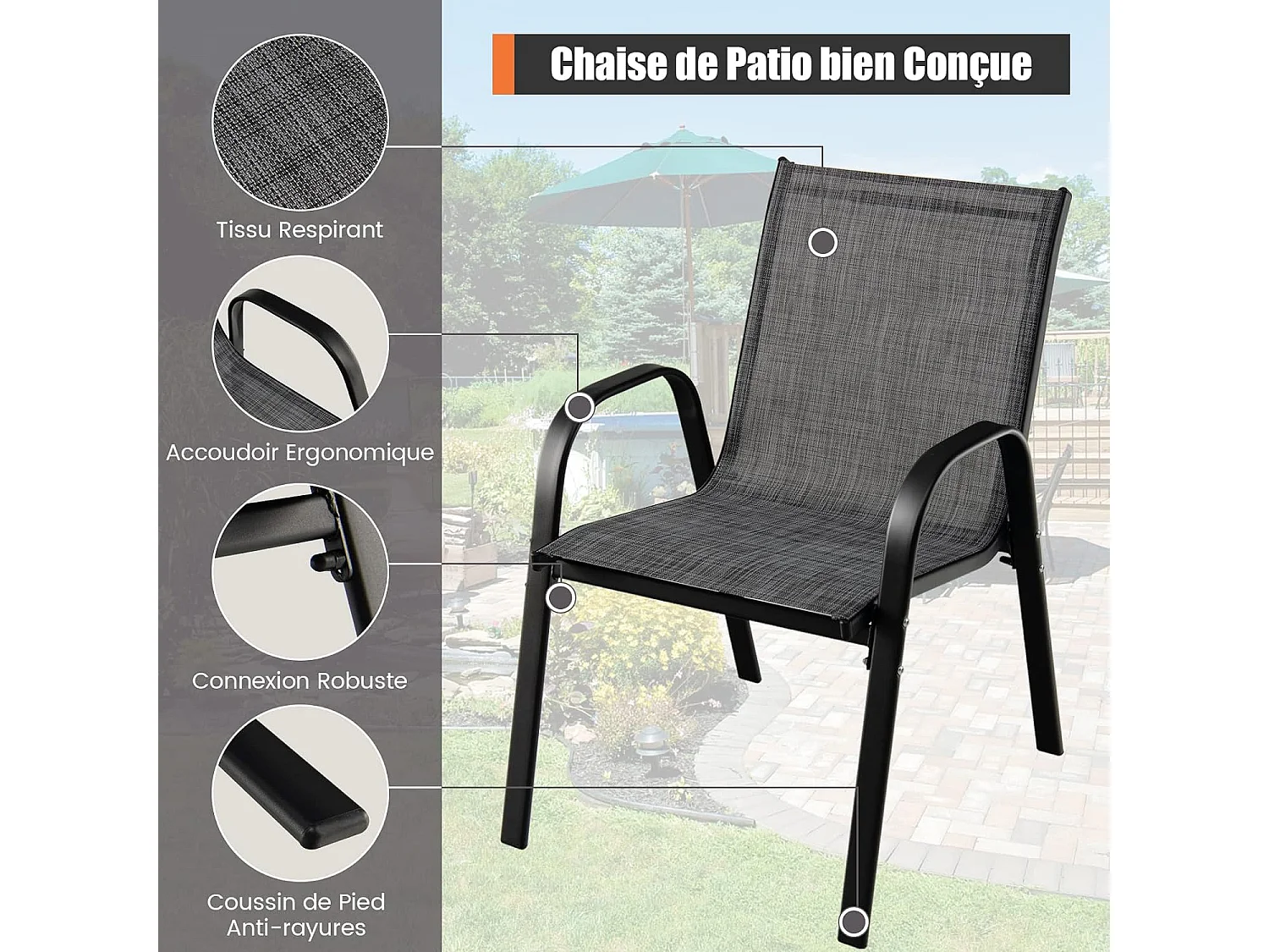 Lot de 4 Chaises de Jardin, Charge 120 kg Empilable pour Terrasse, Balcon, Patio, 83 x 68 x 56 cm, en Métal & Tissu et velours,Gris