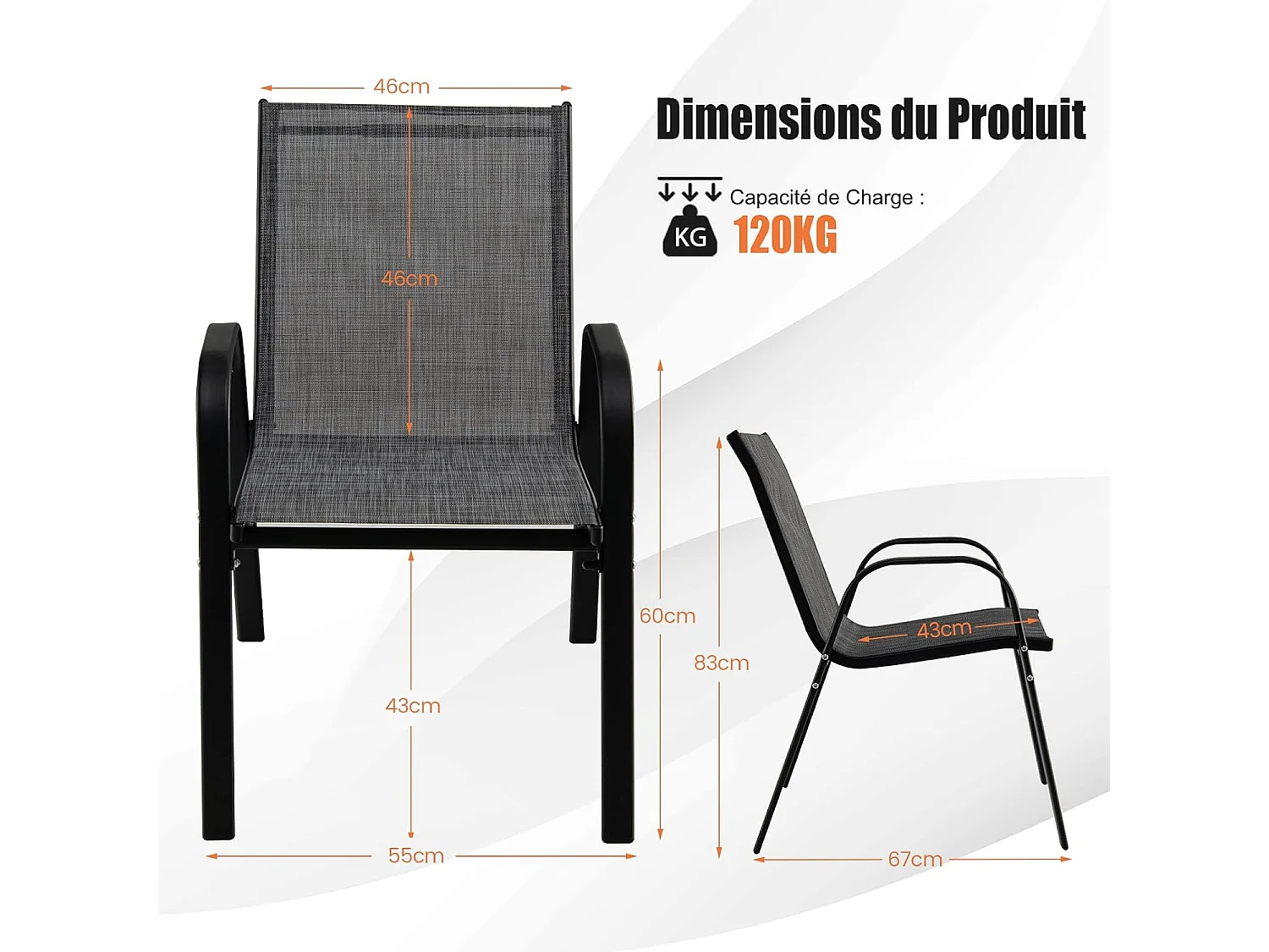 Lot de 4 Chaises de Jardin, Charge 120 kg Empilable pour Terrasse, Balcon, Patio, 83 x 68 x 56 cm, en Métal & Tissu et velours,Gris