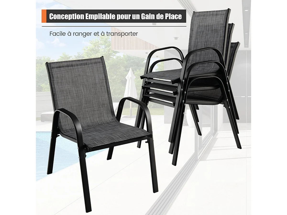 Lot de 4 Chaises de Jardin, Charge 120 kg Empilable pour Terrasse, Balcon, Patio, 83 x 68 x 56 cm, en Métal & Tissu et velours,Gris