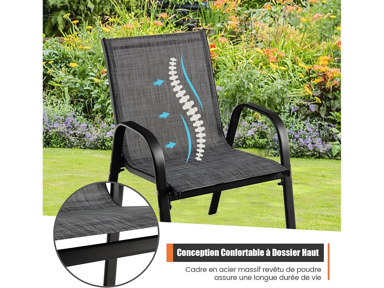 Lot de 4 Chaises de Jardin, Charge 120 kg Empilable pour Terrasse, Balcon, Patio, 83 x 68 x 56 cm, en Métal & Tissu et velours,Gris