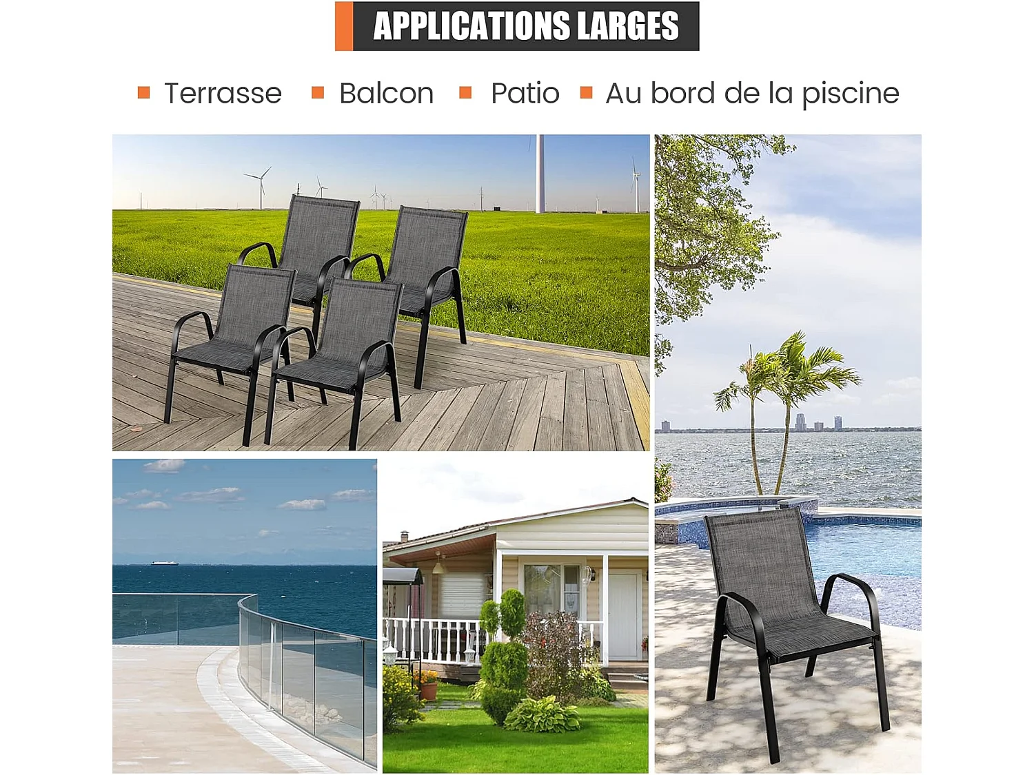 Lot de 4 Chaises de Jardin, Charge 120 kg Empilable pour Terrasse, Balcon, Patio, 83 x 68 x 56 cm, en Métal & Tissu et velours,Gris