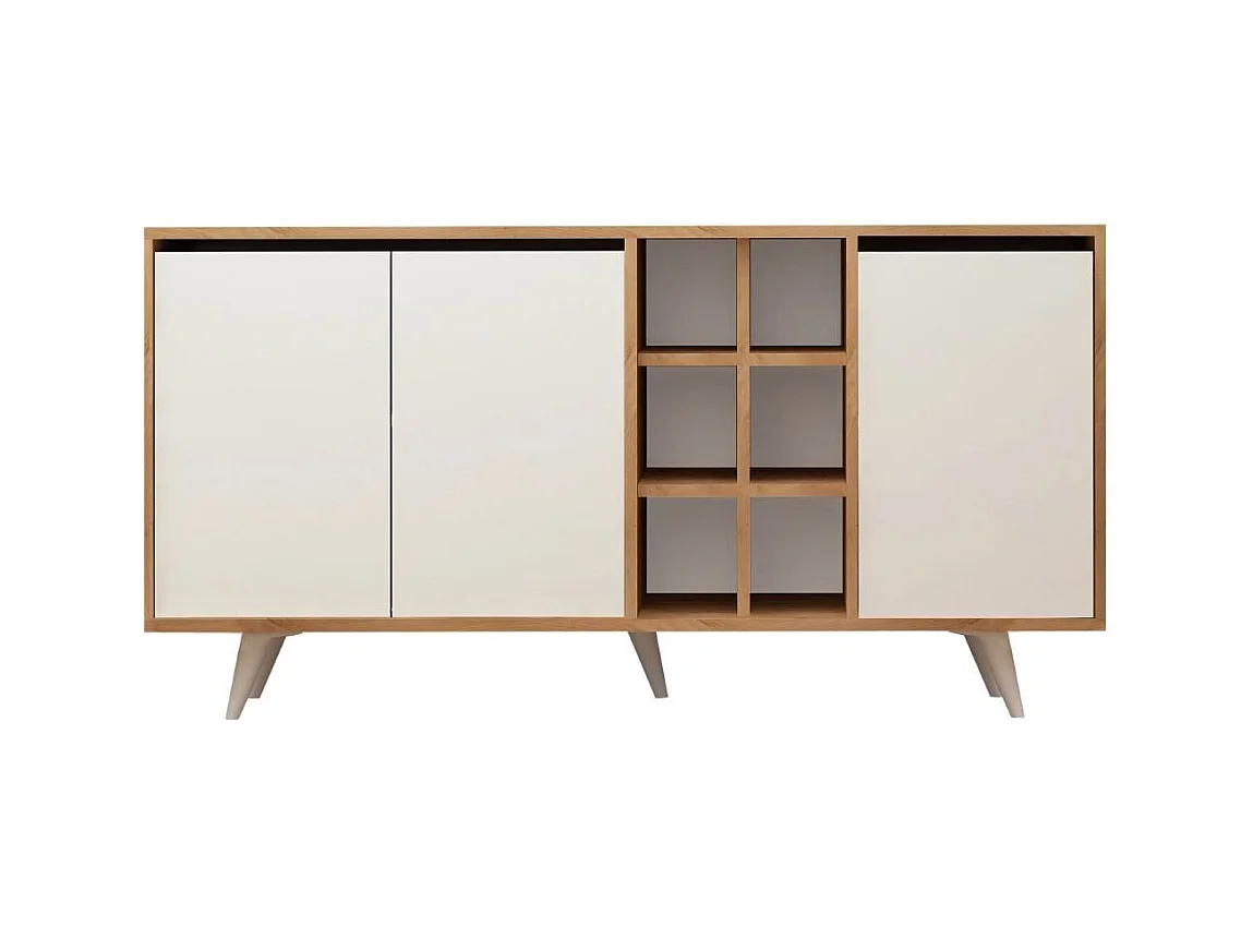 Buffet 3 portes et 6 niches décor chêne et blanc L140 cm - Seria