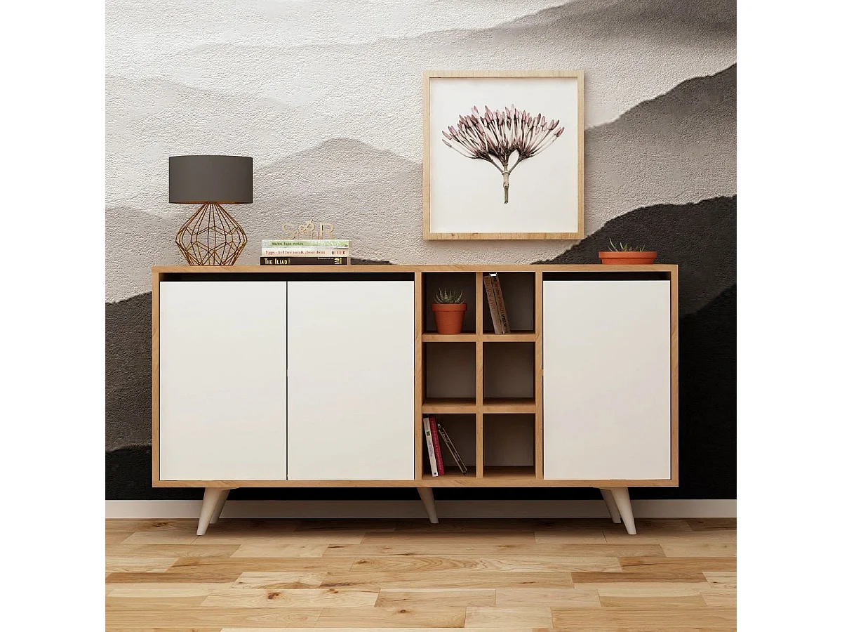 Buffet 3 portes et 6 niches décor chêne et blanc L140 cm - Seria