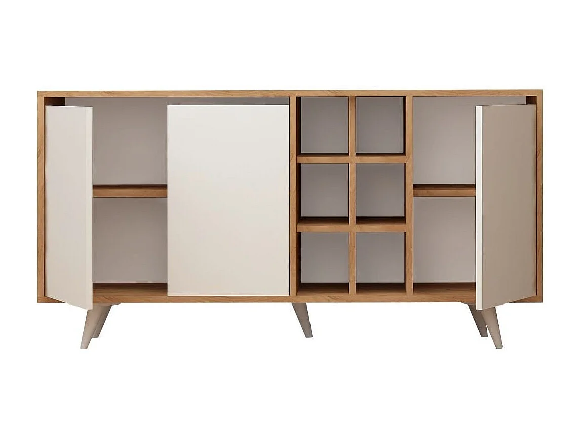 Buffet 3 portes et 6 niches décor chêne et blanc L140 cm - Seria