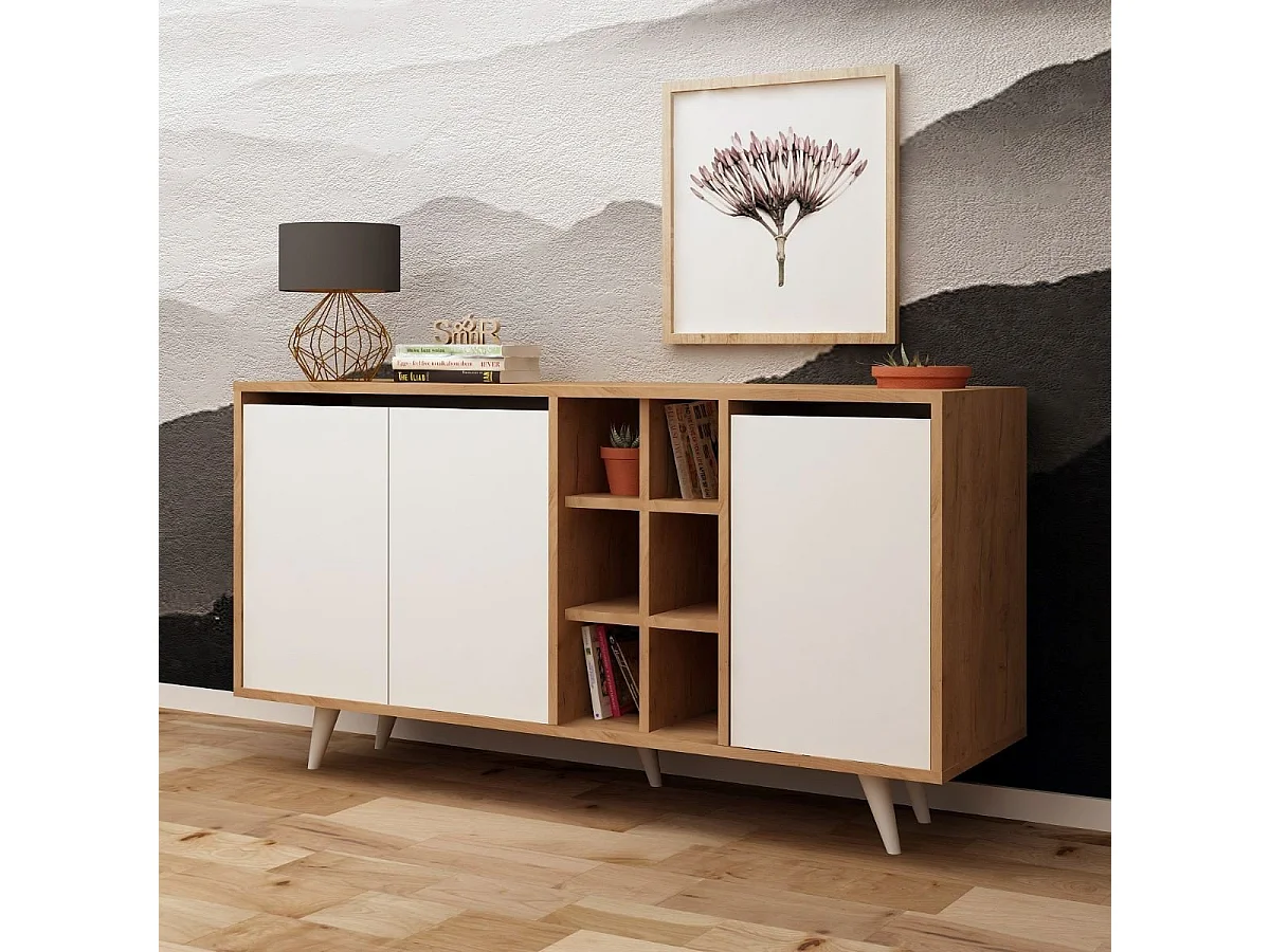 Buffet 3 portes et 6 niches décor chêne et blanc L140 cm - Seria