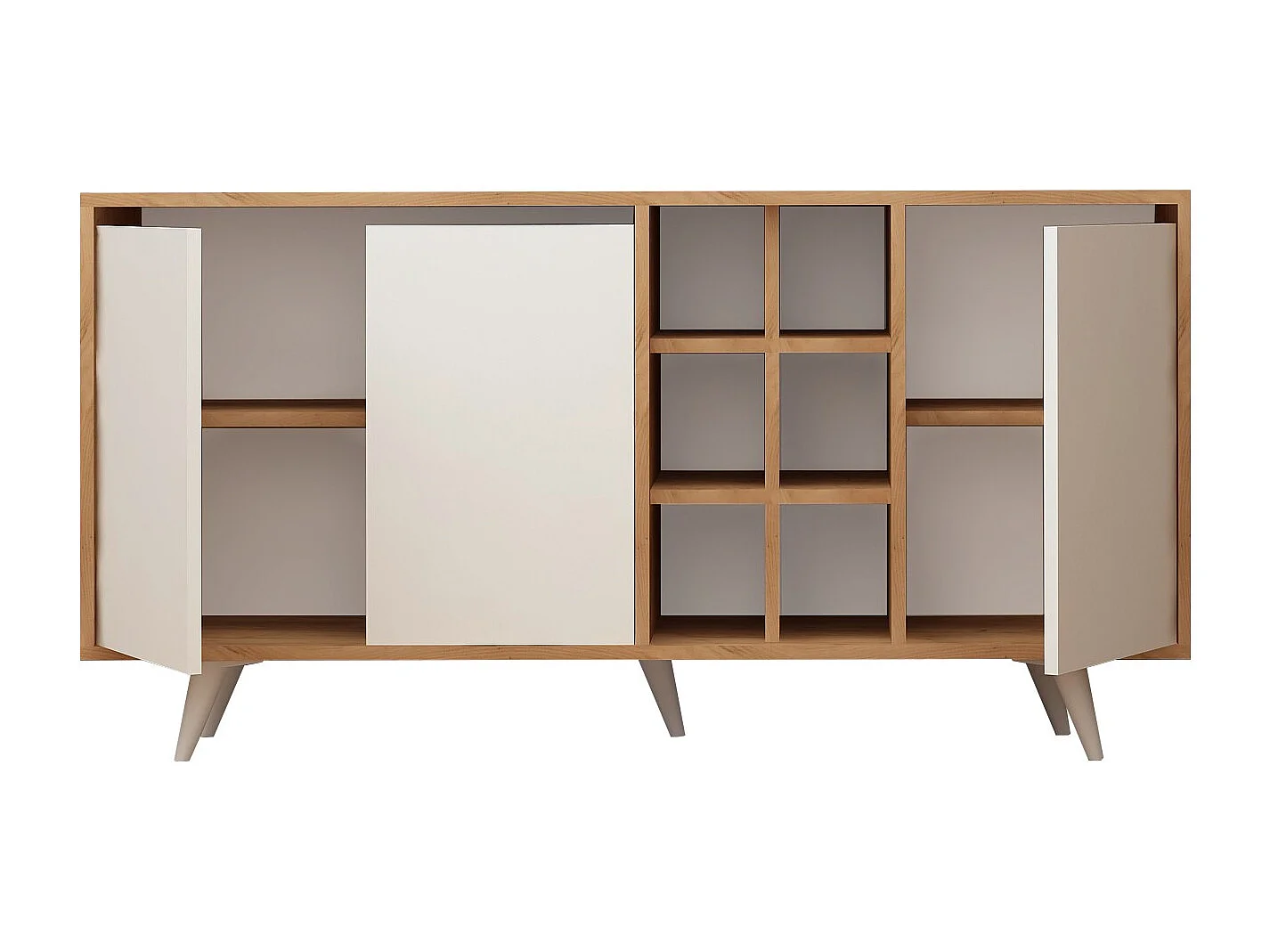 Buffet 3 portes et 6 niches décor chêne et blanc L140 cm - Seria