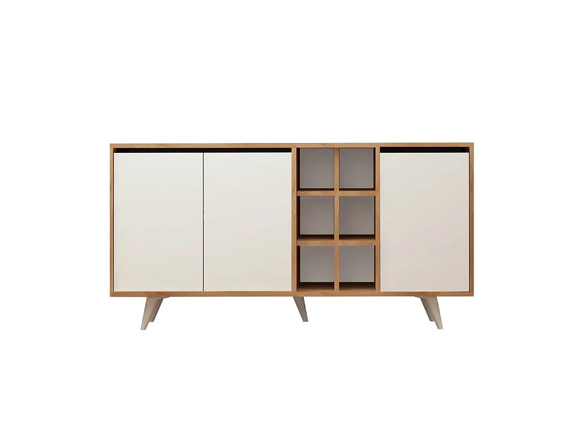 Buffet 3 portes et 6 niches décor chêne et blanc L140 cm - Seria