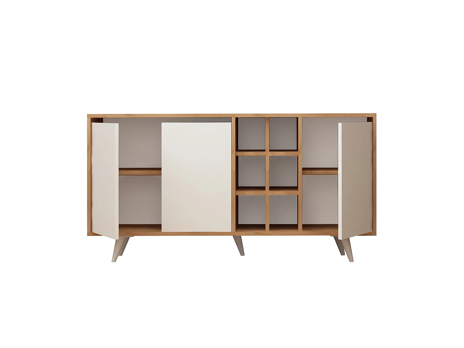 Buffet 3 portes et 6 niches décor chêne et blanc L140 cm - Seria