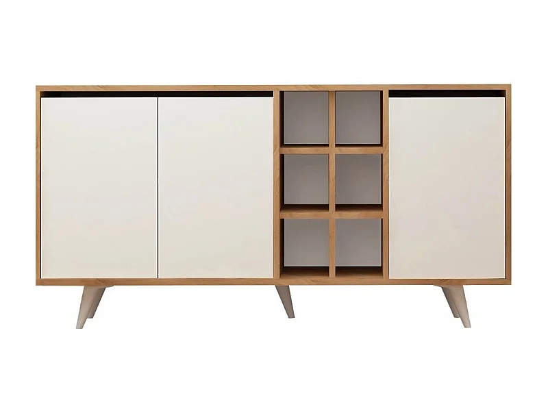 Buffet 3 portes et 6 niches décor chêne et blanc L140 cm - Seria