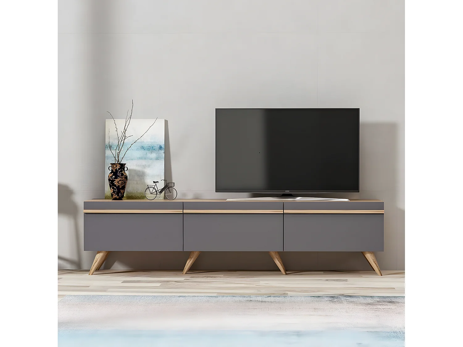 Meuble TV 3 Portes Gris Anthracite L180 cm - AMSTERDAM