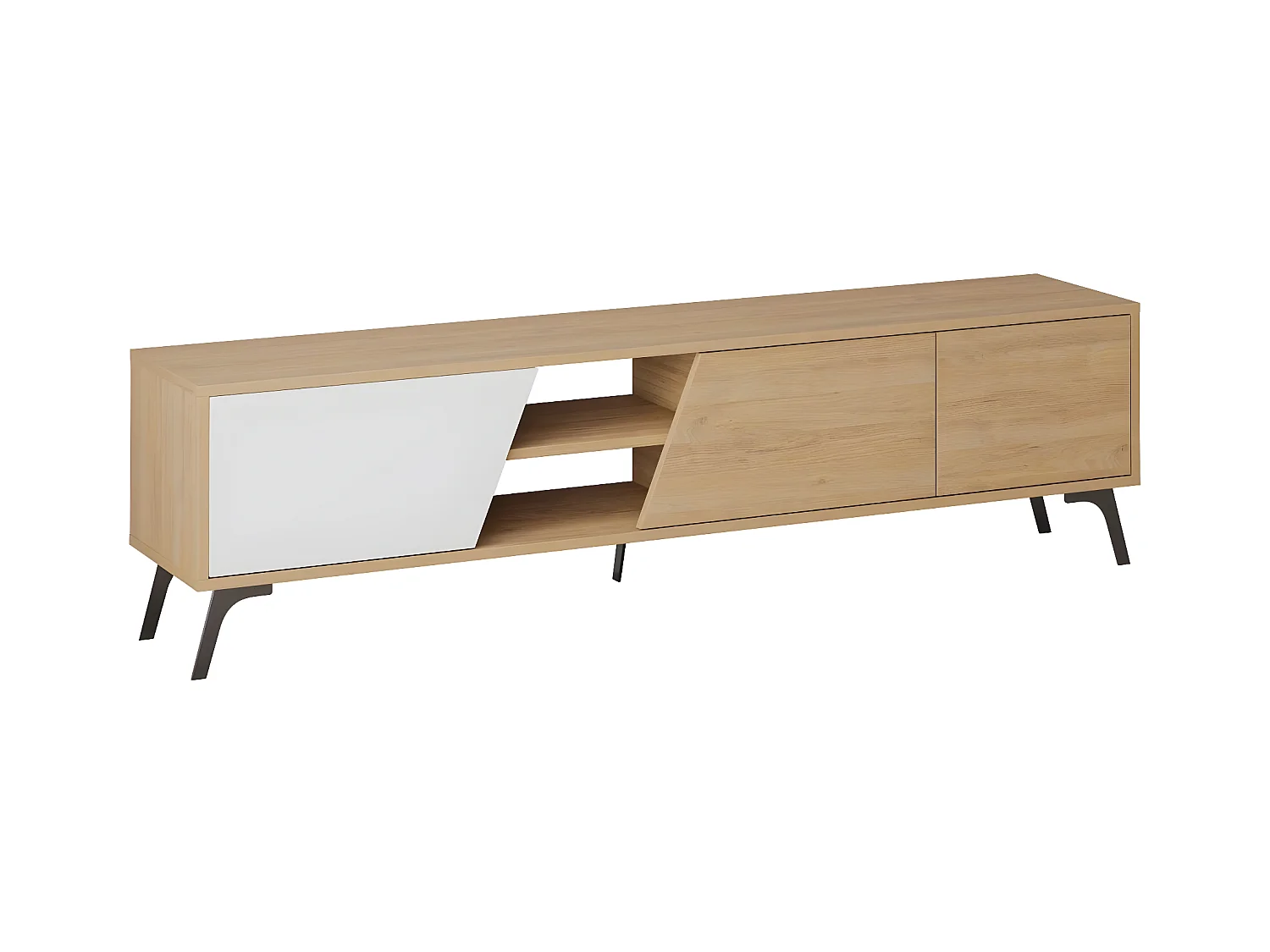 Meuble TV 3 portes et 2 niches décor chêne et blanc L180 cm - FIONA