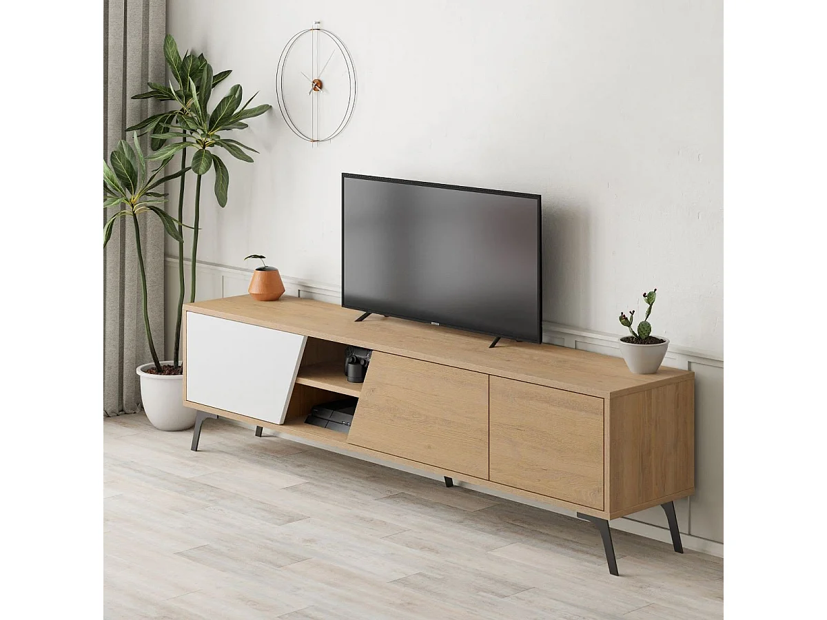Meuble TV 3 portes et 2 niches décor chêne et blanc L180 cm - FIONA