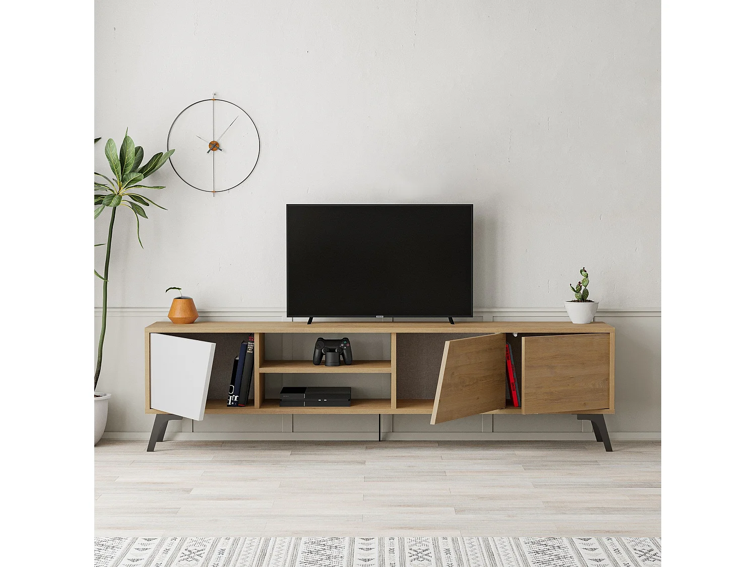 Meuble TV 3 portes et 2 niches décor chêne et blanc L180 cm - FIONA