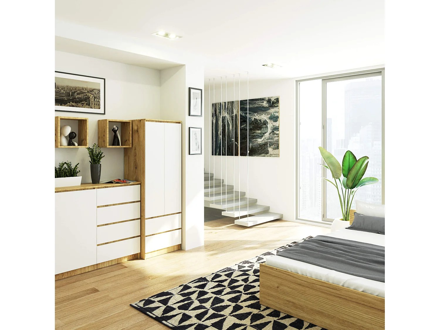 Armoire AKORD S60 Chêne Artisan 60 cm 2 portes 2 tiroirs façade Blanche 1 étagère 60x51x180 cm