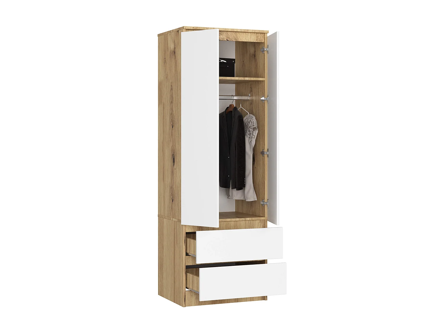 Armoire AKORD S60 Chêne Artisan 60 cm 2 portes 2 tiroirs façade Blanche 1 étagère 60x51x180 cm