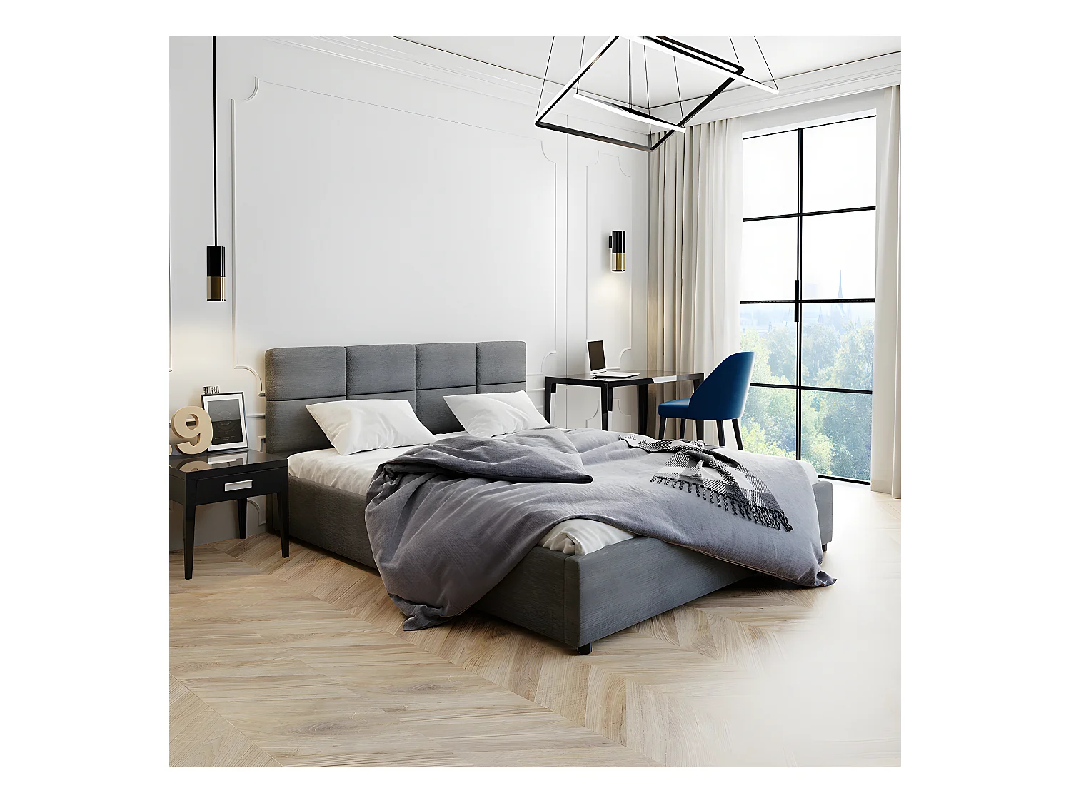 Lit tapissé 160x200 gris avec rangement et tête de lit