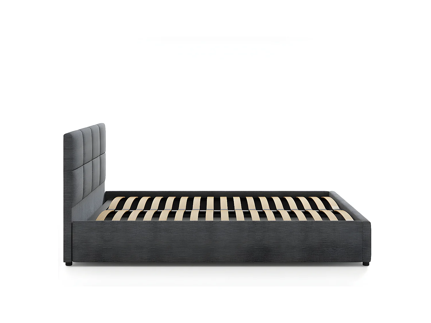 Lit tapissé 160x200 gris avec rangement et tête de lit