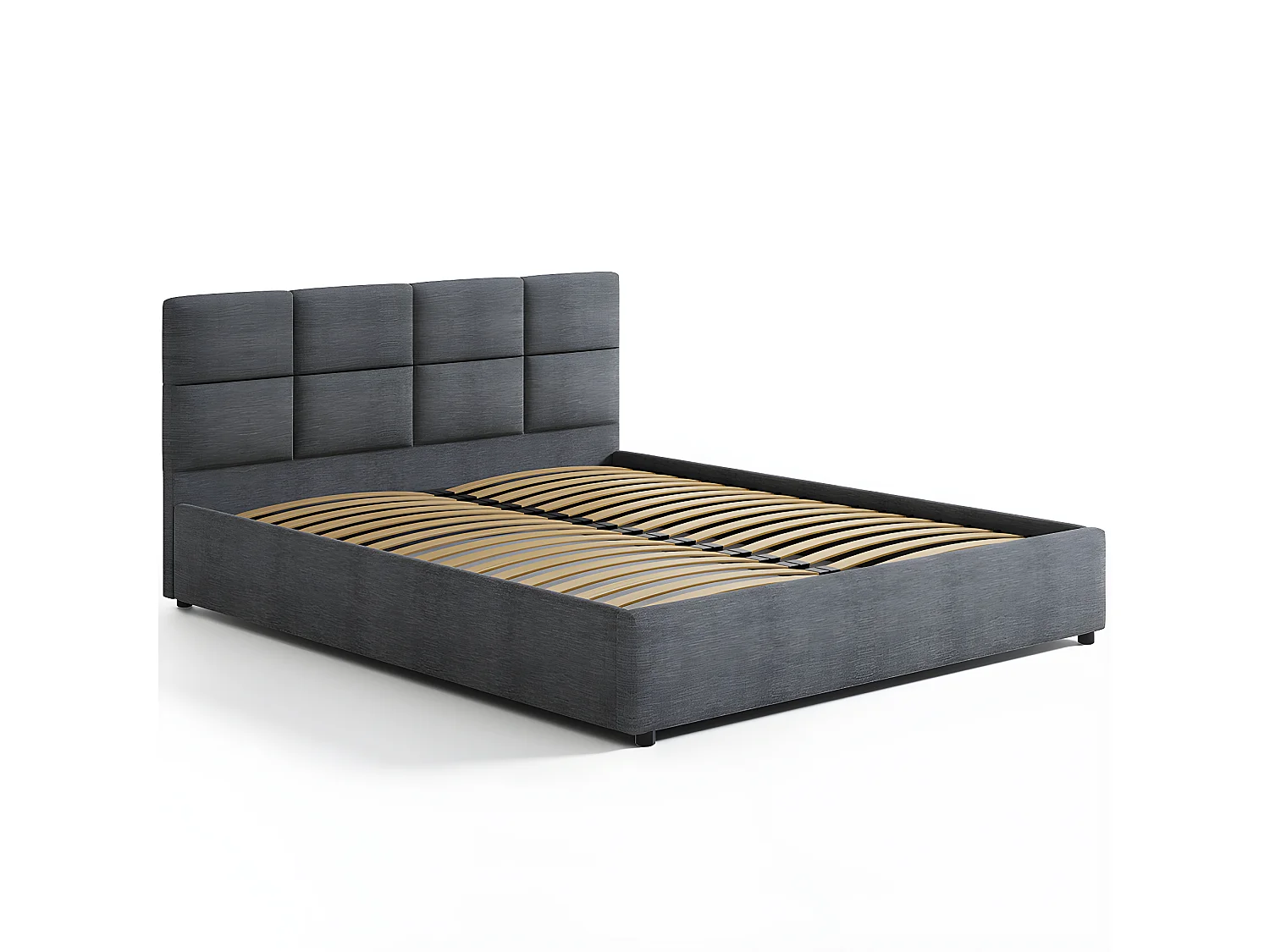 Lit tapissé 160x200 gris avec rangement et tête de lit